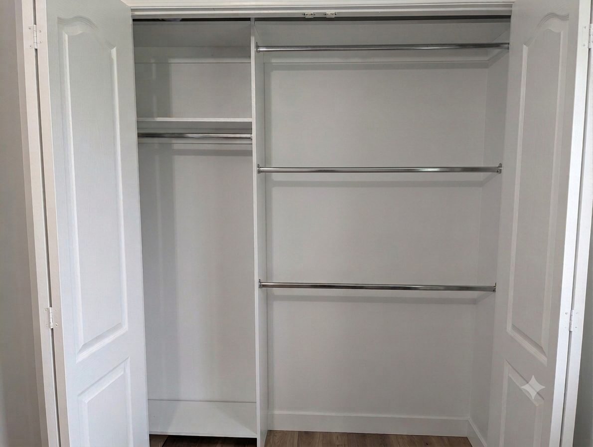 Reach-in closet with shelving and hanging rods