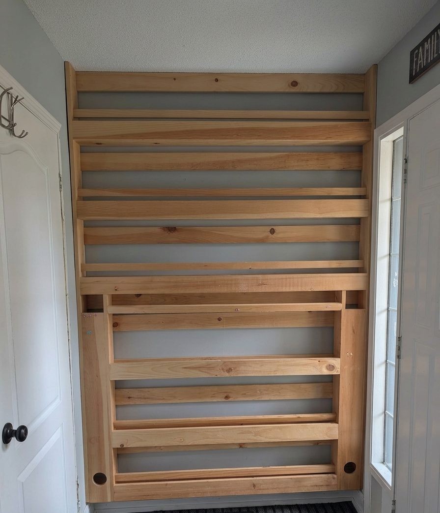 Built-in wood slat shoe and mudroom cabinet